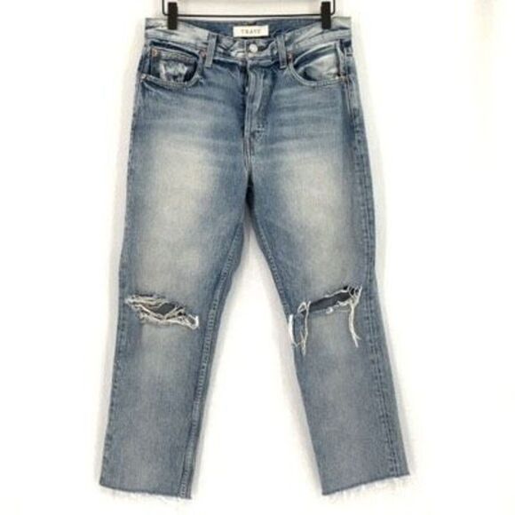 Trave Blue Denim Distressed Constance Cropped Jeans Eve of Destruction Size 29 - Picture 12 of 12